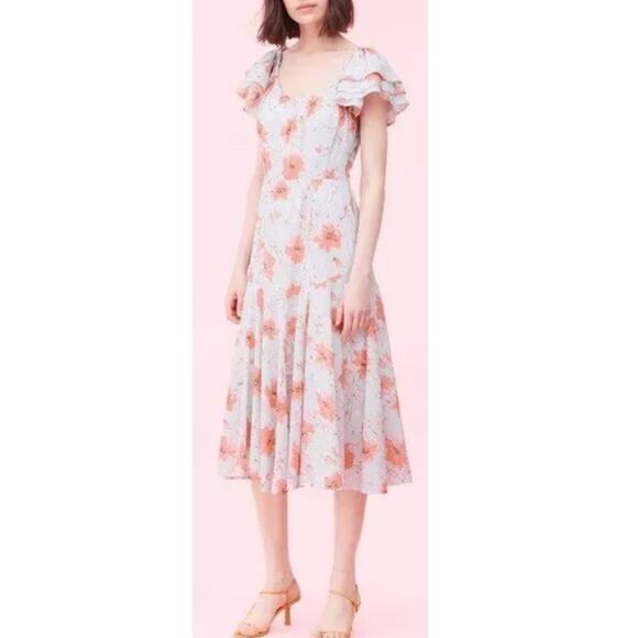 La Vie Rebecca Taylor Size XL Grey Pink Floral Ruffle Sleeve Midi Dress Coquette - Picture 1 of 16
